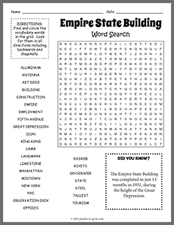 Free printable Empire State Building Word Search puzzle worksheet