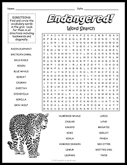 Free printable Endangered Species Word Search puzzle worksheet