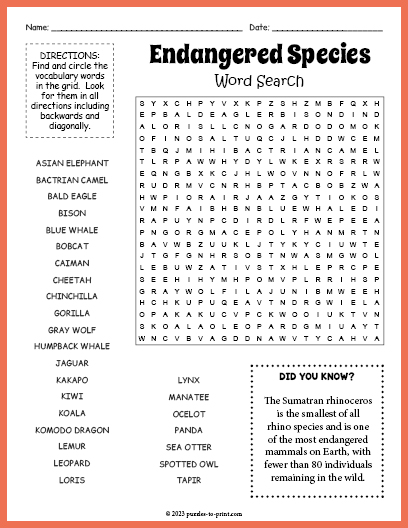 Endangered Species Word Search