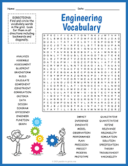 Free printable Engineering Vocabulary Word Search puzzle worksheet