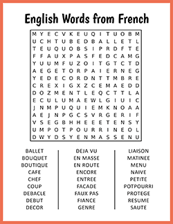 Free printable English Words from French Word Search puzzle worksheet