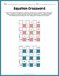 Free printable Equation Crossword puzzle worksheet