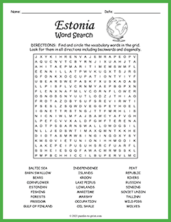 Free printable Estonia Word Search puzzle worksheet