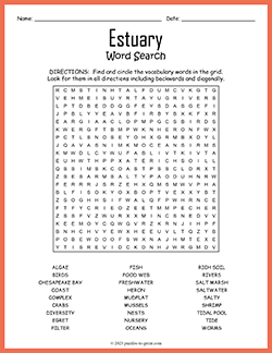 Free printable Estuary Word Search puzzle worksheet