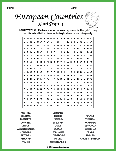 European Countries Word Search