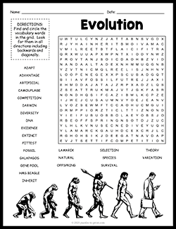Free printable Evolution Word Search puzzle worksheet