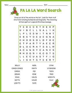 Free printable Fa La La Word Search puzzle worksheet