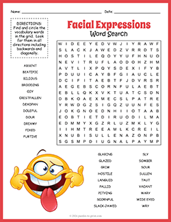 Free printable Facial Expressions Word Search puzzle worksheet
