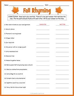 Free printable Fall Hink Pinks puzzle worksheet