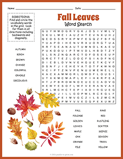 Free printable Fall Leaves Word Search puzzle worksheet