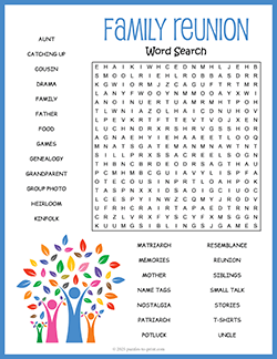 Free printable Family Reunion Word Search puzzle worksheet