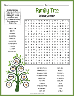 Free Printable Family Tree Word Search Puzzle Worksheet