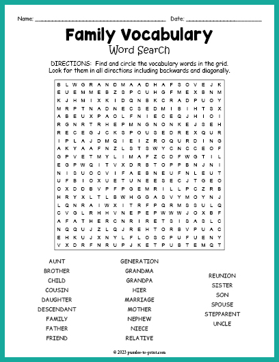 Family Vocabulary Word Search