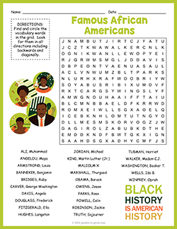 Free printable Famous African Americans Word Search puzzle worksheet