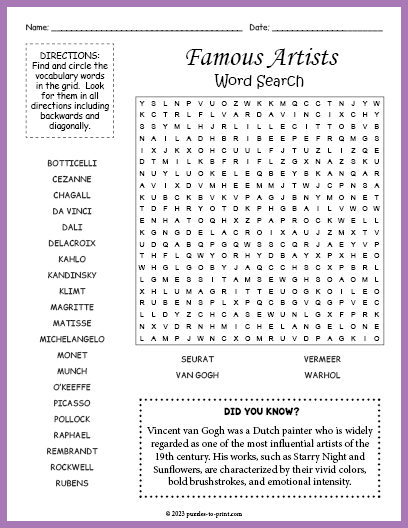 Famous Artists Word Search