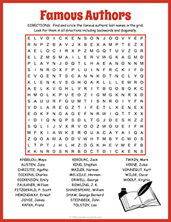 Free printable Famous Authors Word Search puzzle worksheet