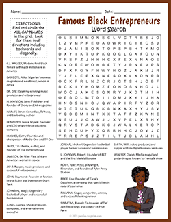 Free printable Famous Black Entrepreneurs Word Search puzzle worksheet