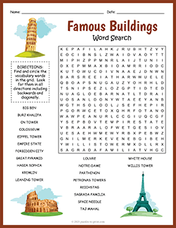 Free printable Famous Buildings Word Search puzzle worksheet