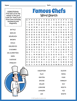 Free printable Famous Chefs Word Search puzzle worksheet