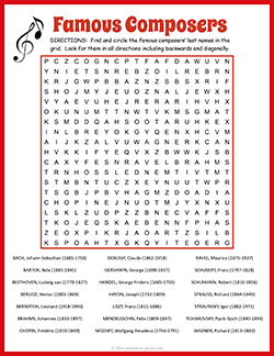 Free printable Famous Composers Word Search puzzle worksheet