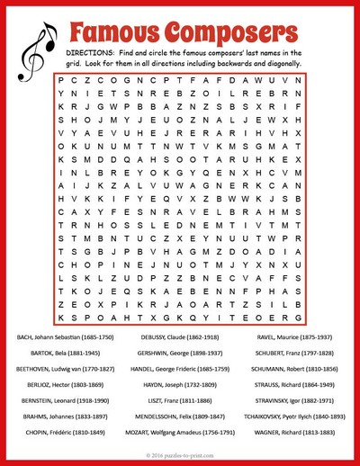 Famous Composers Word Search