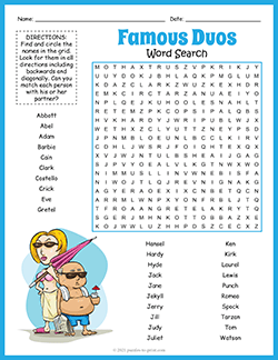 Free printable Famous Duos Word Search puzzle worksheet