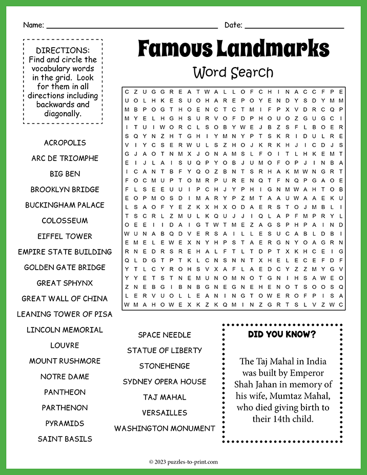 Famous Landmarks Word Search