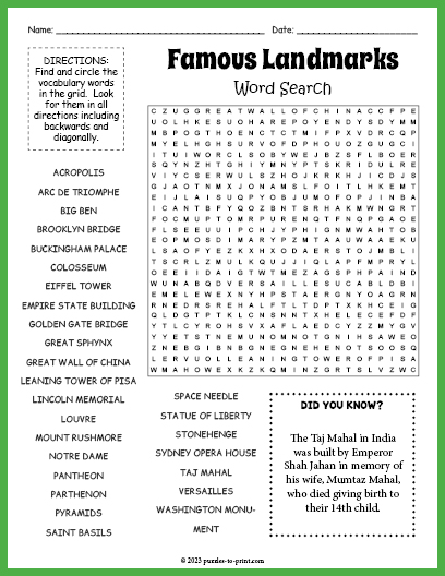 Famous Landmarks Word Search
