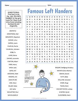 Free printable Famous Left Handers Word Search puzzle worksheet