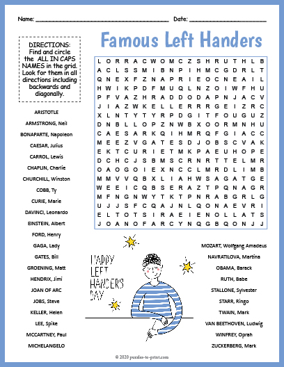 Famous Left Handers Word Search