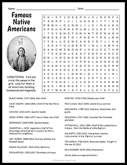 Free printable Famous Native Americans Word Search puzzle worksheet