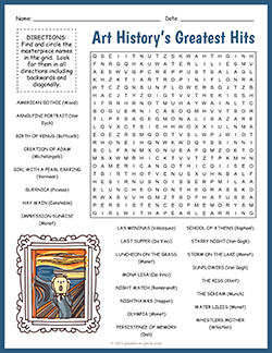 Free printable Famous Paintings Word Search puzzle worksheet