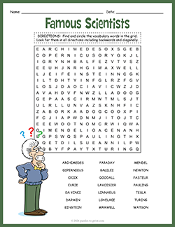 Free Printable Famous Scientists Word Search Puzzle Worksheet