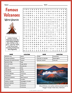 Free printable Famous Volcanoes Word Search puzzle worksheet