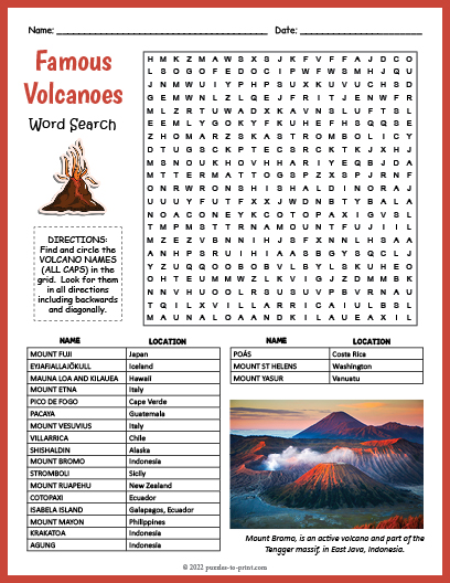Famous Volcanoes Word Search Word Search