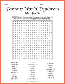 Free printable Famous World Explorers Word Search puzzle worksheet