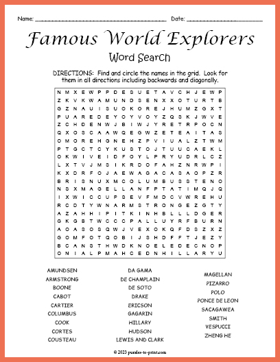 Famous World Explorers Word Search