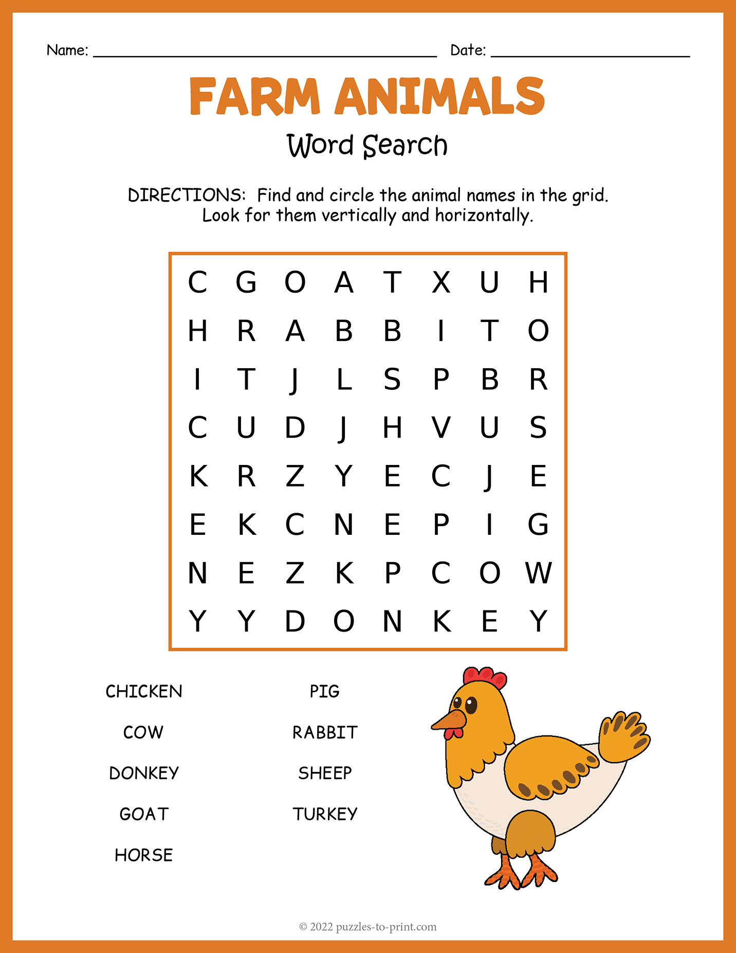 Farm Animals Word Search