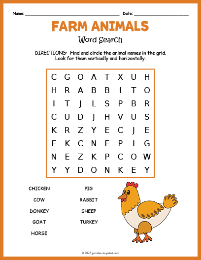 Farm Animals Word Search