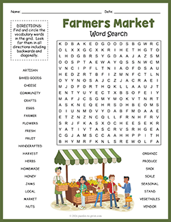 Free printable Farmers Market Word Search puzzle worksheet