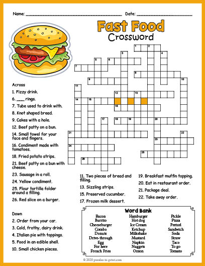 The French Food Crossword Puzzle Worksheet