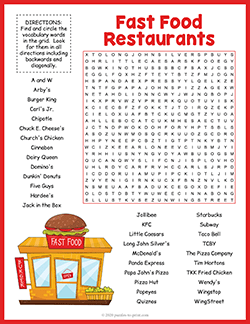 Free printable Fast Food Restaurants Word Search puzzle worksheet