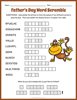 Free printable Father's Day Word Scramble puzzle worksheet