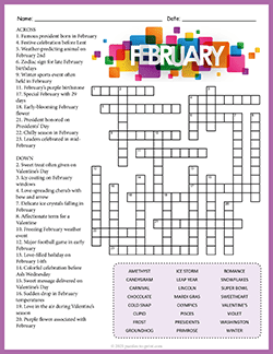 Free printable February Crossword puzzle worksheet