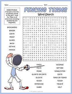 Free printable Fencing Terms Word Search puzzle worksheet