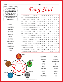 Free printable Feng Shui Word Search puzzle worksheet