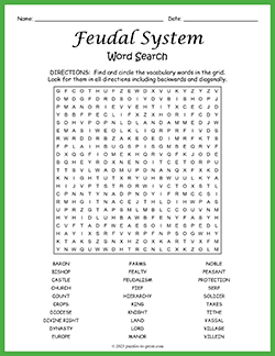 Free printable Feudal System Word Search puzzle worksheet