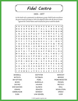 Free printable Fidel Castro Word Search puzzle worksheet