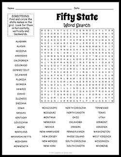 Free printable Fifty State Word Search puzzle worksheet