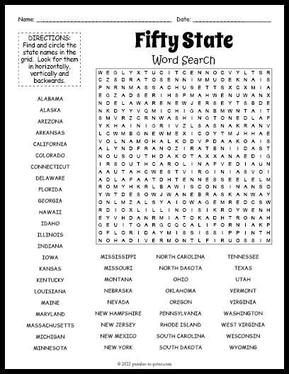 Fifty State Word Search Word Search
